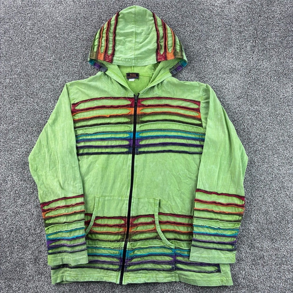 Rising International Hoodie Women's L Green Rainbow Stripe Hippie‎ Boho Festival